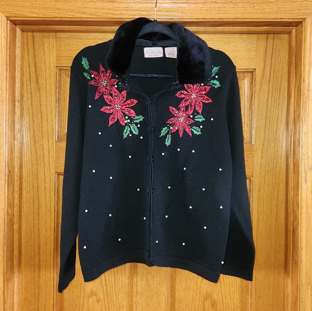 VTG Basic Editions Holiday Sweater Christmas Removable Fur Collar  Sz L Sequins